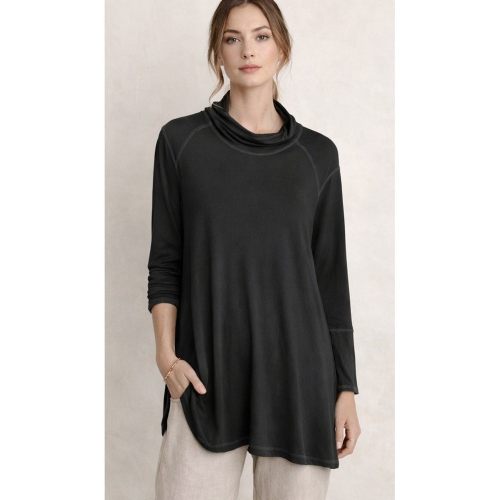Cable & Gauge Black Mock Neck Long Sleeve Stretch Tunic Medium Minimalist Boho